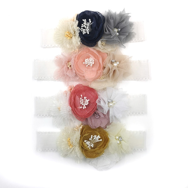 4 Colors mesh chiffon flower elastic band handmade flowers Headbands For Kids Girls Women Baby Headband