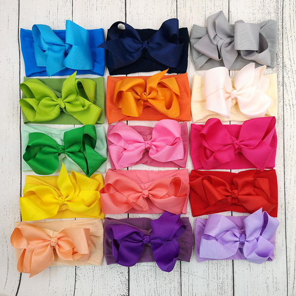 15Pcs/lot Grosgrain Mesh Ribbon Bow Nylon Headband Baby Elastic Hair Bow Solid Turban Head Wrap Hair Accessories Kidocheese