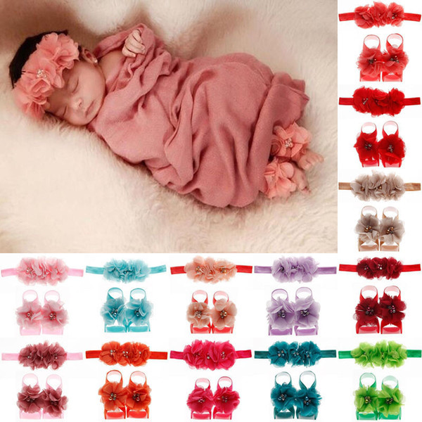 Baby Headbands Foot flower sets Newborn Toddler Chiffon Rhinestone Head flower 2019 infant Photography props first walker Shoes C5721