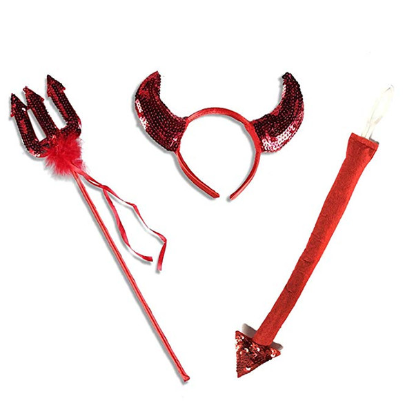 Red Sequin Devil Set Includes Headband Horns, Tail & Trident Fork - Halloween