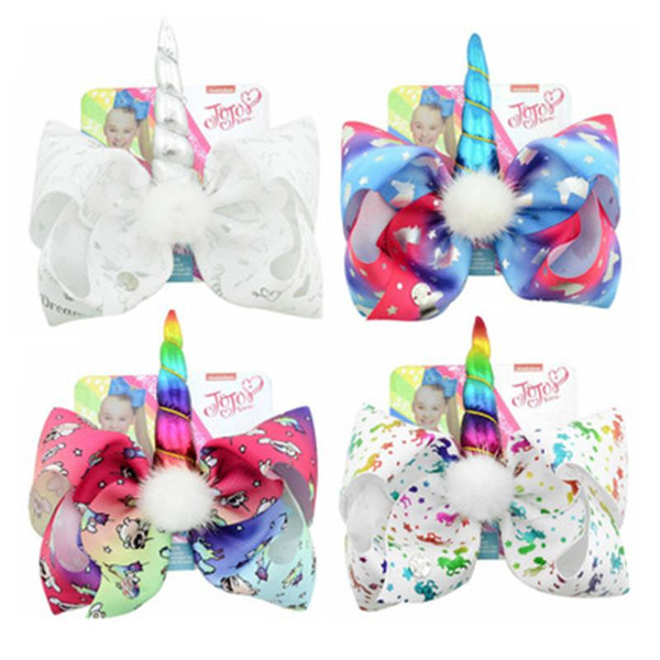 Girls Hair Accessories 8 Inch Large Unicorn Hair Bow Hair Clip White Pompom Rainbow Unicorn Bow Handmade Printed Ribbon Hairbows