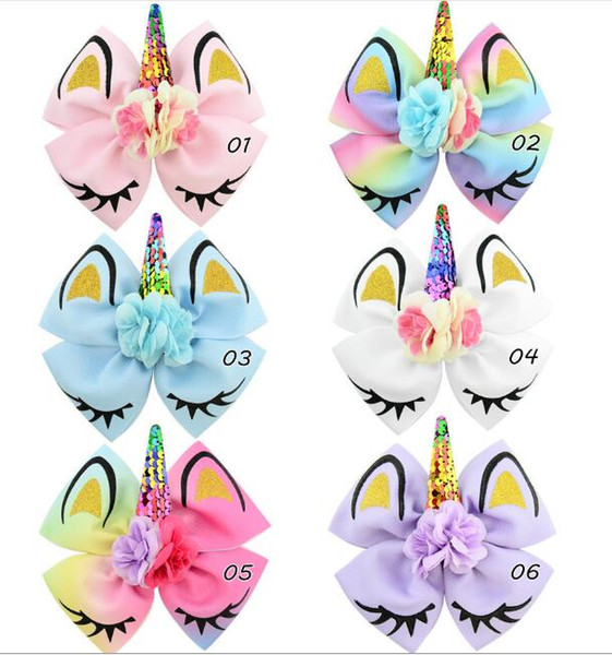 10pcs/lot European and American style Children's sequins bronzing unicorn headdress girls flowers bow hairpins