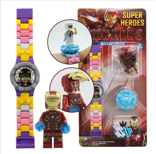 2017 New Super Heroes Cartoon Style Children DIY Toy Building Watch With Doll , DHL free shipping