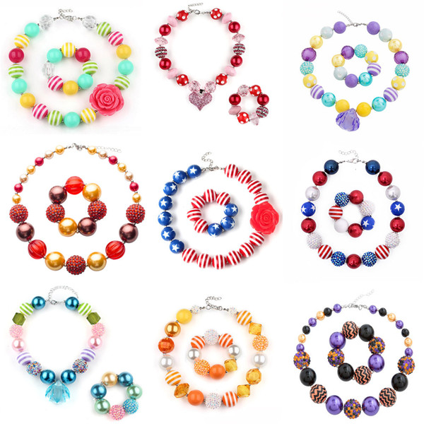 60 Design Baby Girl Pendant Chunky Bead Necklace Bracelet American Flag Unicorn Diamond Rose Skull Head Bow Bubblegum Toddler Party Jewelry