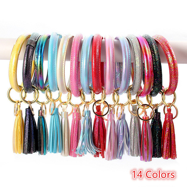 Fashion Tassel Bracelet Girls Solid Color Laser Sequin PU Leather Keychain Bangle Wristlet Bracelets Ladies Wristband Circle Key Ring D21703