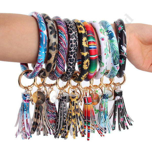 Women Tassels Bracelets PU Leather Wrap Key Ring Leopard Lily Print Keychain Wristband Sunflower Drip Oil Bangle Bracelet Chains DHL A101702