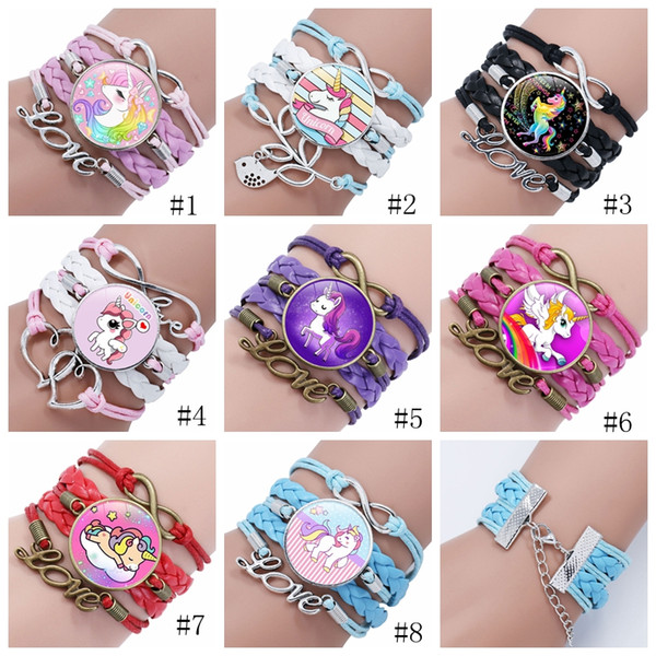 Unicorn Bracelet Multilayer Rainbow Horse Time Gems Bracelets Fashion Leather Charms Chain Leather Cord Bracelet Bangle 8styles GGA2594