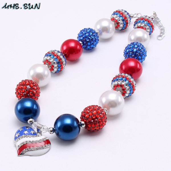 Kids Girls Necklace Children Independence Day Blue Red Acrylic Star Heart Chunky Girls Beading Necklace Accessories