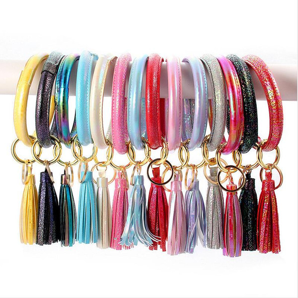 14 Colors Laser Holographic PU Leather Tassel Bracelet Warp keychain Bangle Fashion Women Wristlet O Bracelets Tassel Circle Key Ring D21703