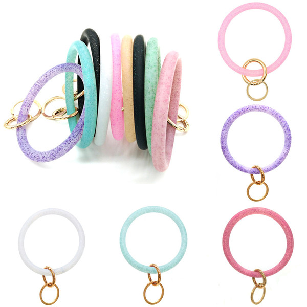 Colorful Glitter Silicone Bangle Key Ring Wrist Keychain Bracelet Round Key Rings Large Keyring 18 colors MMA2988-A1