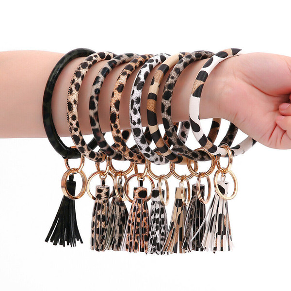 Leopard Bangle Leather Bracelet Key Chain PU Wrist Round Tassel Pendant Wristbands Sports floral Keychain Bracelets Key Rings LJJA3662-3