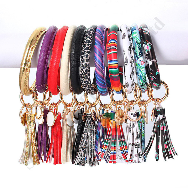 Women Leather Tassels Bracelets PU Leather Key Ring Leopard Print Keychain Wristband Bohemian Wrap Cuff Charm Bangle Bracelet Chains A101702