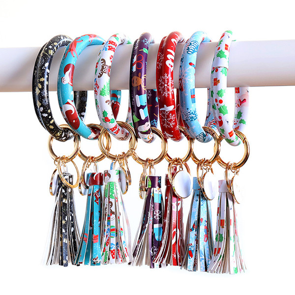 Christmas Bracelet Key Chain PU Leather Wrist Key Ring Tassel Pendant Wristbands Sports Keychain Bracelets Tree Snow Bangle
