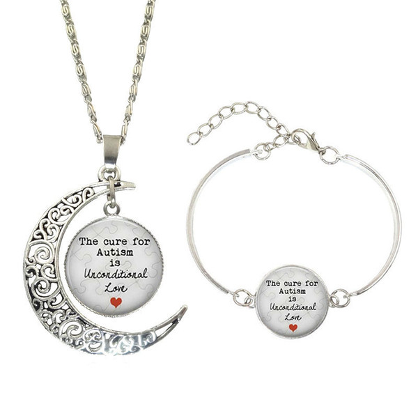 Hot Sale! 5Set Silver Jewelry Sets The cure for Autism is unconditional Love Picture crescent Moon Pendant Necklace Bracelet Set For Women