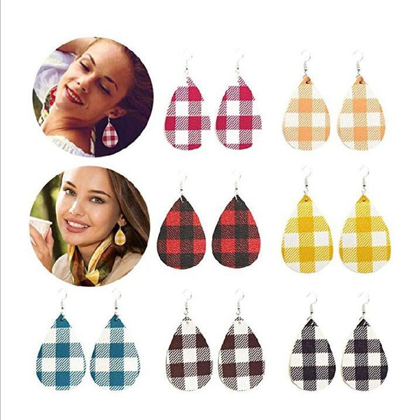 Buffalo Plaid Earring PU Leather Teardrop Earrings Faux Leather Water Drop Earrings Fashion Street Grid Earring Jewelry Gifts 7 Styles K76