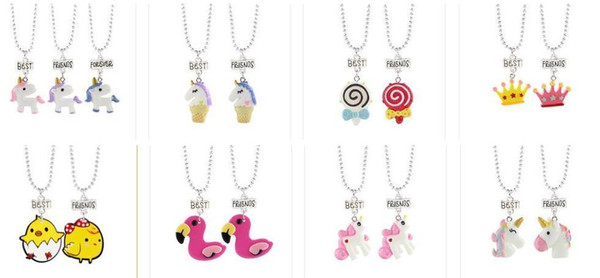 Lollipop Flamingo Unicorn Best Friends Silver Plated Chain Necklace Cartoon Animal Pendant Necklaces kids Birthday Party Present gift