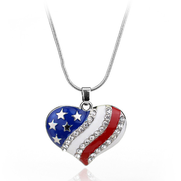 American Flag Enamel Blue and Red Crystal Rhinestone pentagram Patriotic 4th of July Independence Day Pendant Necklace