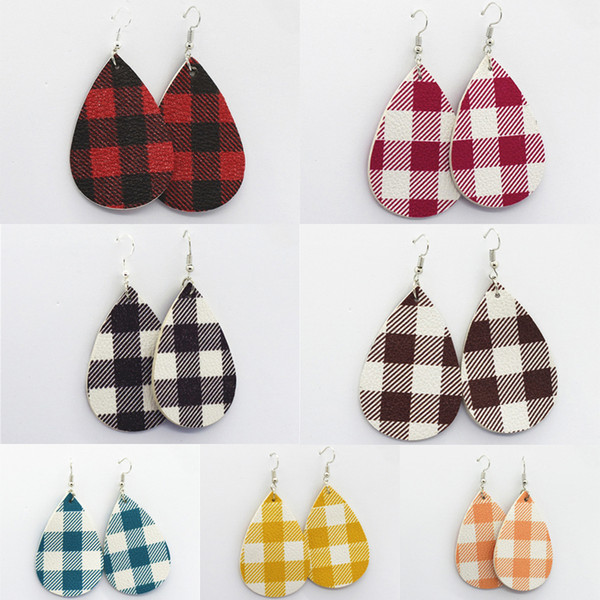 Buffalo Plaid Earring 7 colors PU Leather Teardrop Earrings Faux Leather Water Drop earrings Fashion Grid Earring jewelry GJY871