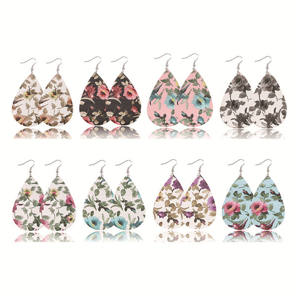 Christmas Gift water droplet-like sweet floral printed double-sided composite PU leather Earrings Fashion Dangle Earrings for Women FJ431
