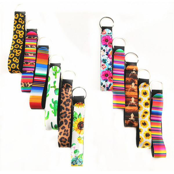 Neoprene Lilly Floral Key Chain Diving Material Keychains Long Strip Leopard Lanyard Key Rings Sunflower Eco Friendly Pendant Holder A52801