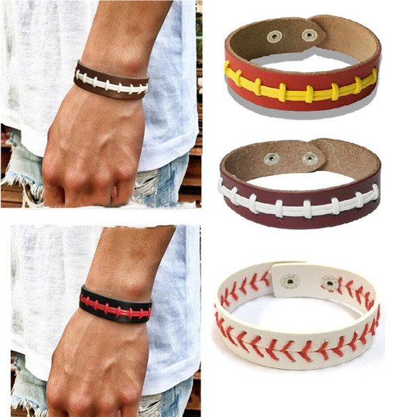 Softball Baseball Bracelets Sport Seamed Lace Leather Wristband Athletics Classic Herringbone Softball Baseball Stitch cuff Bracelet E3406