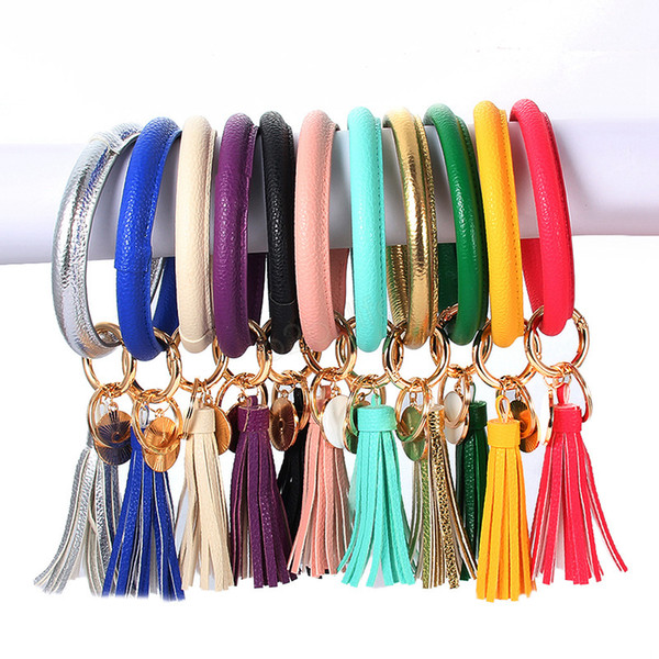 Leather Bracelet Key Chain PU Wristr Round Key Ring Tassel Pendant Wristbands Sports Keychain Bracelets Round Key Rings LJJA3022