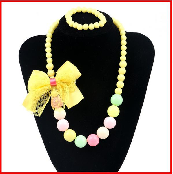 2019 2pcs/set new fashion Cute bow pearl necklace Children's Necklace Petal Acrylic Kids Necklace Bracelet Set