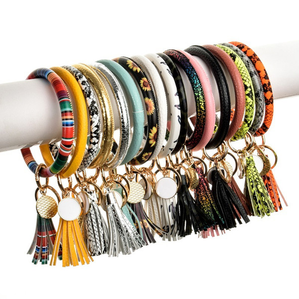 Tassels Bracelets Women PU Leather Wrap Key Ring Leopard Keychain Wristband Candy Color Sunflower Drip Oil Bracelet Chains 33 Color M877