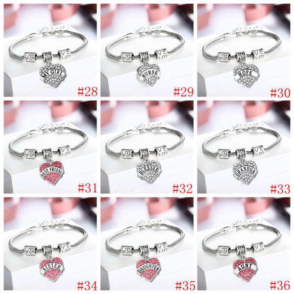 45 types Diamond Love Heart Bracelet Mom Aunt Daughter Grandma Believe Hope best friends Crystal Bracelet Party Gift RRA2508