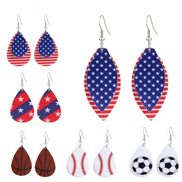 PU Female Girl earrings Women baseball football flag design earrings Girl Bohemia Ear Clip Accessories 14styles