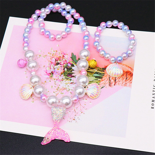 Kids Mermaid Necklace Set Bracelet Pearl Shell Pendant Ear Clip Ring Mermaid Cosplay for Girls Children Gift Jewelry HHA1074