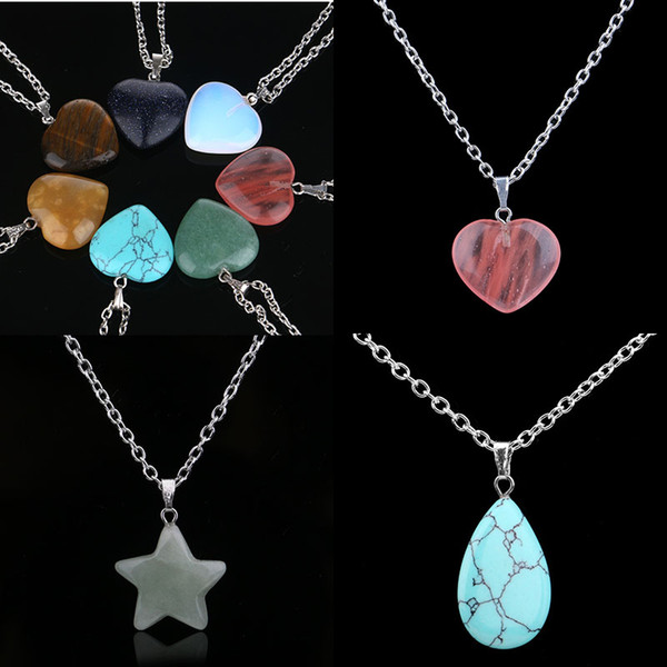 Fashion Jewelry High Quality Natural Stone Ornaments Heart-shaped Cross Drop Pendant Amethyst Pink Blue Pine Stone Heart Pendant Necklace