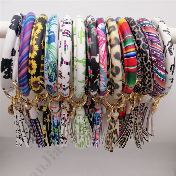 Women Tassels Bracelet PU Leather Sunfloral Leopard Trendy Bangles Wristband Keychain Wristband Sunflower Drip Oil Bangle Bracelet A101702