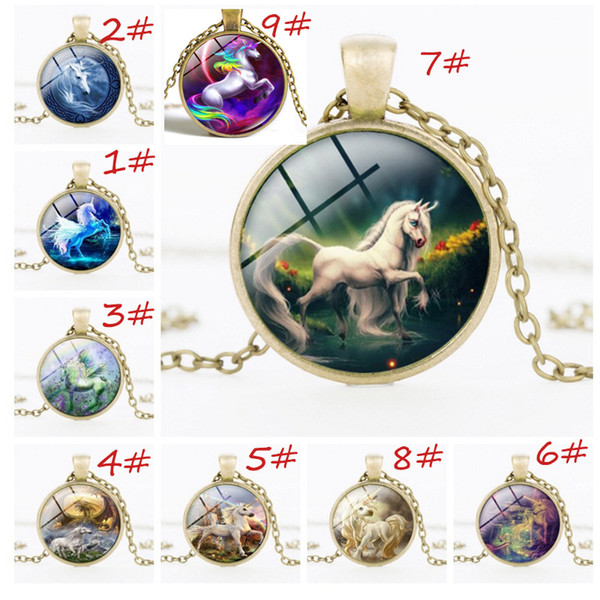 Mix 30 Styles cartoon Pegasus Unicorn Time Gemstone Necklace Alloy Charms Pendant Jewelry Vintage Sweater Chain cosplay Accessories