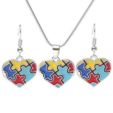 Autism Awareness Puzzle Jigsaw Jewelry Set Colorful Fashion Square Diamond Charm Necklace Earring Set Bracelet Jewelry CCA9197 100pcs