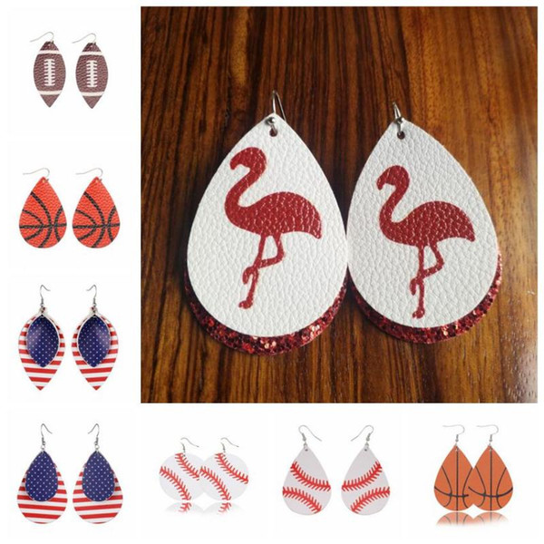 18 Styles Sports PU Leather Flamingo Earrings Vintage Baseball America National Flag Football Earring Kids Jewelry 2pcs/pair CCA11246 50pair