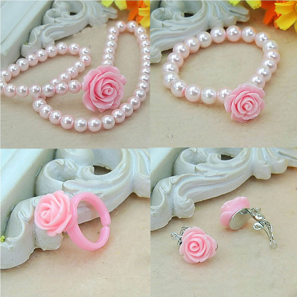 Fashion Jewelry Imitation Necklace Bracelet Ring Ear Clips Set Pearls Kids Girls Child Flower Shape