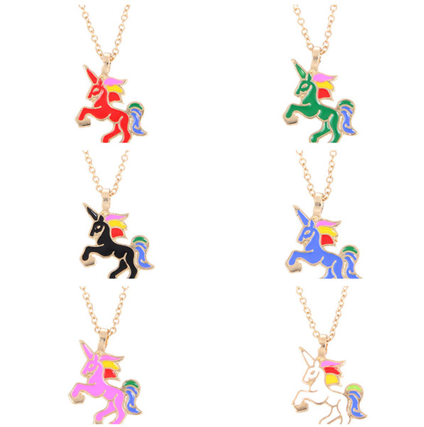 Kids Jewelry Fashion Colored Glaze Drop Oil Rainbow Unicorn Pendant Necklaces Simple Children Chain Necklace Christmas Birthday Gifts