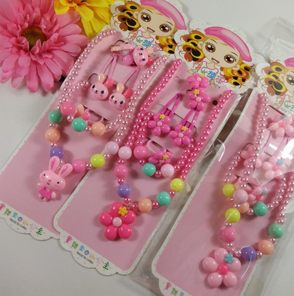 Kids gift jewelry set girl pearl beads cartoon pendants necklace bracelet ring hair clip hairband Set Christmas Party bag filler prize pink