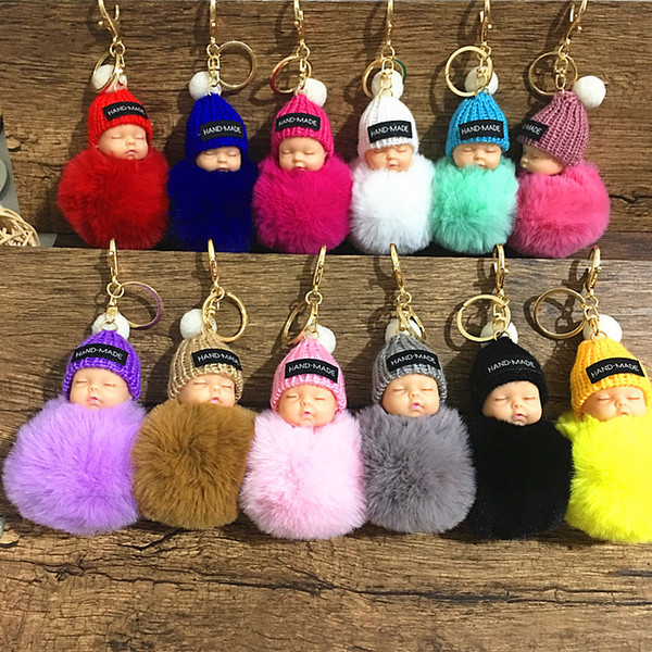 Cute Sleeping Baby Doll Keychain Pompom Rabbit Fur Ball Carabiner Key ring Women Bag Pendant kids Jewelry 29 colors C4842