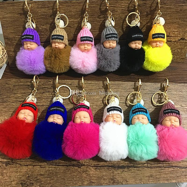 Cute Sleeping Baby Doll Keychain Pompom Rabbit Fur Ball Carabiner Key ring Women Bag Pendant kids Jewelry 29 colors C4842