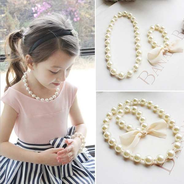 Vieeoease Girls Necklace Kids Jewelry 2018 New Fashion Bead Pearl Bow Necklace Bracelet Girls Gift Children Party Accessories EE-657