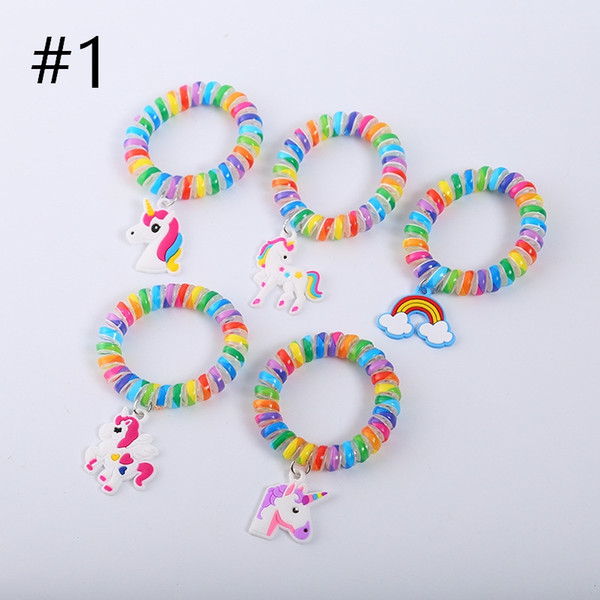 2019 Girls Rainbow Bracelet Wristband Unicorn Plastic Hair Ring Children Bracelet Wire Line Gum Elastic Hair Band For Girl Rope Small Gifts