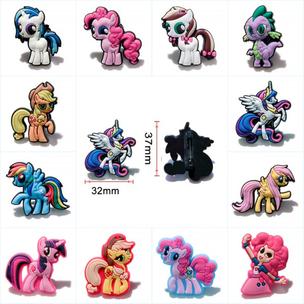 Mixed 100pcs My Little Pony Cartoon Icon PVC Brooches Badges Lovely Pins Clothing/Bag/Hat/Shoes Accessory Kids Party Gift Favors