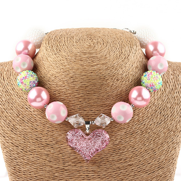 2 Colors Pink Sweet Heart Chunky Necklace Kids girls lovely bubblegum beaded jewelry babies baby girl fashion accessories