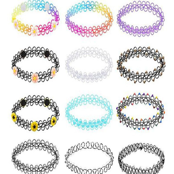 12 pcs necklaces gothic stretch choker Rainbow Flowers tattoo choker for Women and girls elastic choker set kids Jewelry Accessories