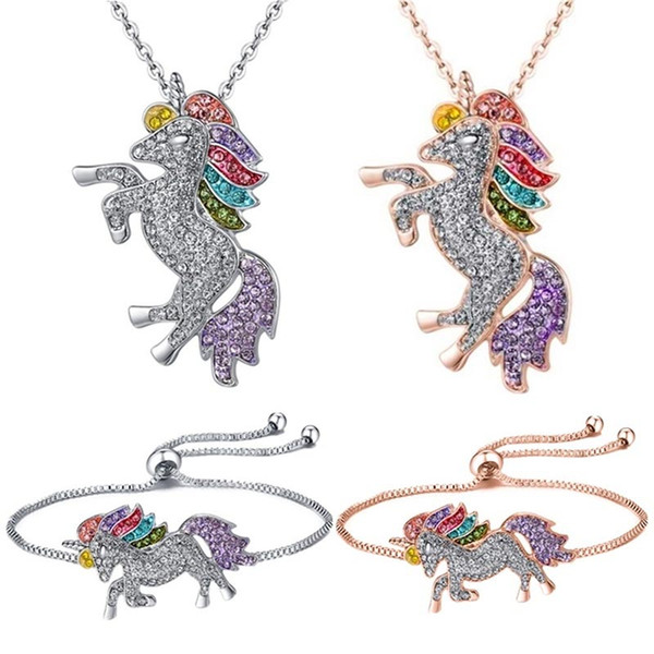 kids and women necklace colorful unicorn diamond pendant necklace children sweater chain jewellery accessories free shipping