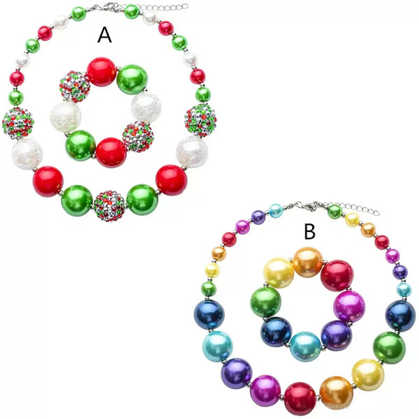 Girls chunky necklace 2pc set 20mm beaded necklace 36.5cm+bracelet Rainbow color toddlers arylic jewelry sets for Xmas party performance