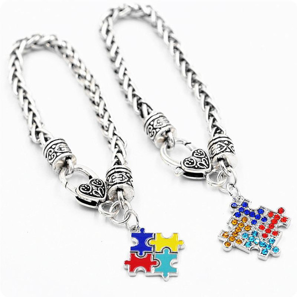 Autism Awareness Puzzle Jigsaw Colorful Fashion Square Enamel Charm Bracelet Friendship Jewelry for kids boys girls unisex women men