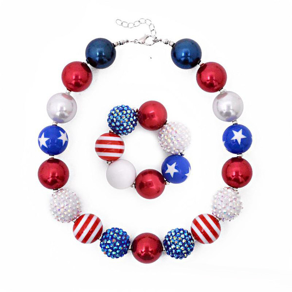 Girls Independence Day bead necklace 2pc set beaded necklace+bracelet stars and striped glitter patterns kids arylic jewelry sets